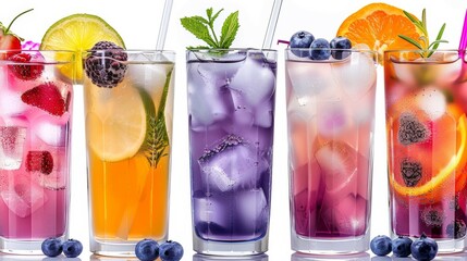 A row of colorful drinks with ice and fruit in them. Tropical summer concept