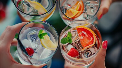 Four people are holding up glasses of mixed drinks. Tropical summer concept