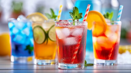 Four different colored drinks with straws in them. Tropical summer concept