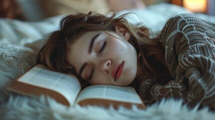 Peaceful and Relaxed Woman Napping with an Open Book Next to Her on a Cozy Bed in a Comfortable Home Interior Suggesting She Fell Asleep While Reading