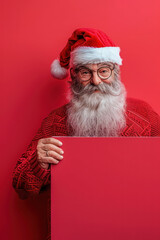 Naklejka premium Cheerful Santa Claus Holding Blank Red Sign for Holiday Messages or Christmas Greetings with Red Background