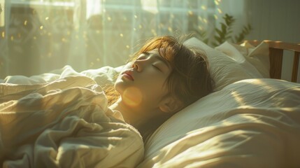 A peaceful and relaxing midday nap in a cozy bedroom with warm sunlight streaming through the window and casting a soft gentle glow over the serene scene