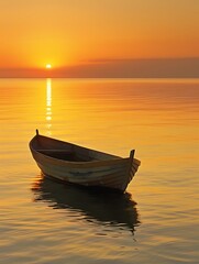 Tranquil Sunrise: Serene Seascape with Wooden Boat