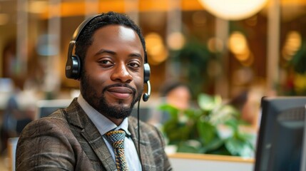 Obraz premium Portrait of a friendly and professional call center agent wearing a headset and uniform providing efficient and courteous telephone customer care services at his desk in a modern office environment