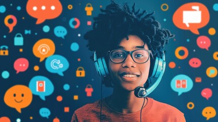 Portrait of a multilingual call center agent wearing headphones and glasses working in a technology driven office environment communicating with customers and providing support in different languages