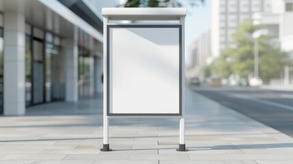 A white sign is standing on the sidewalk in front of a building, mockup advertising space