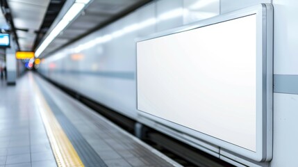 A white billboard is on a train platform, mockup advertising space