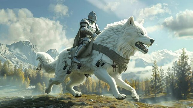 Knight in armor riding a majestic white wolf on a sunny day
 Seamless looping 4k time-lapse virtual video animation background. Generated AI