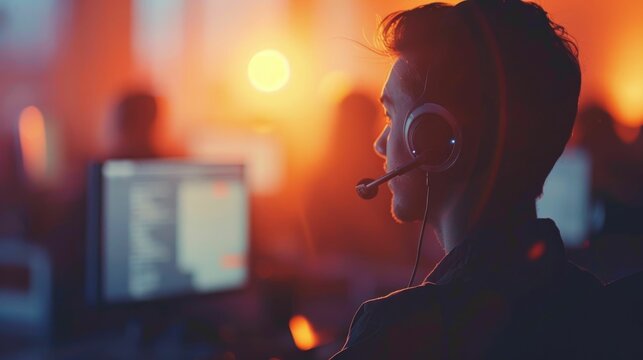 A close up view of a call center agent wearing headphones and focused on their computer screen highlighting the rigorous assurance processes in place to ensure efficient effective