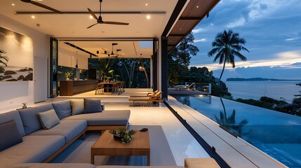 Obraz premium Luxury contemporary island villa with infinity pool at sunset with view out to sea.