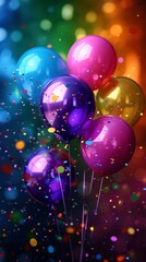 A bunch of colorful rainbow balloons with confetti and a blurred background. 