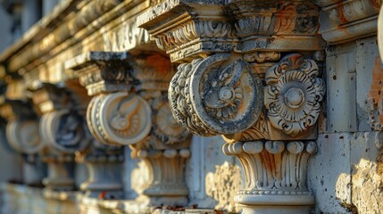 Obraz premium Ancient Architecture: Capture a detailed close-up of a weathered stone wall with intricate carvings and architectural details. 