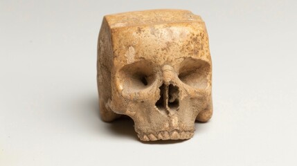 A skull is sitting on a white surface, square head concept
