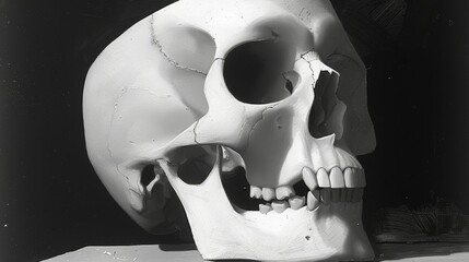 A skull is shown in a black and white photo