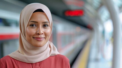 A woman wearing a pink dress and a white scarf is smiling at the camera, people at a subway station