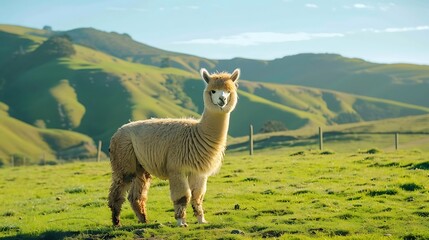 Fototapeta premium Fluffy Alpaca in Green Pasture - Generative AI