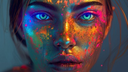 Close-up portrait of a woman with vibrant neon paint splatters on her face, creating a glowing, otherworldly effect.