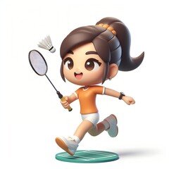 Cute Chibi Girl Playing Badminton with Racket and Shuttlecock