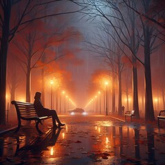 Fototapeta premium Man Sitting Alone on Bench in Foggy City with Amber City Lights at Night, Depression Themed