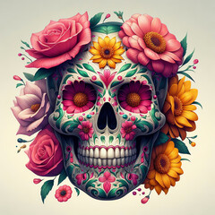 Mexican Day of the Dead Skull Decorated with Flowers