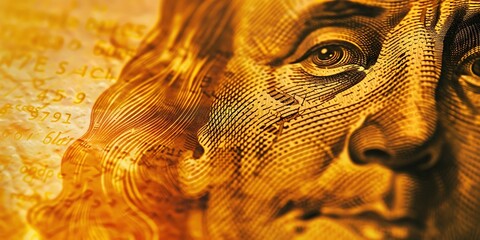 Benjamin Franklin: Close-up textured engraving of Benjamin Franklin's face in gradient orange to yellow on American dollar bill