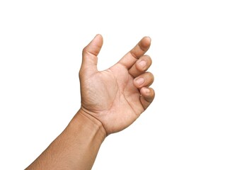 A man acts like he's holding something, like a phone or a water bottle. Or reaching out to handshake isolated on white background.