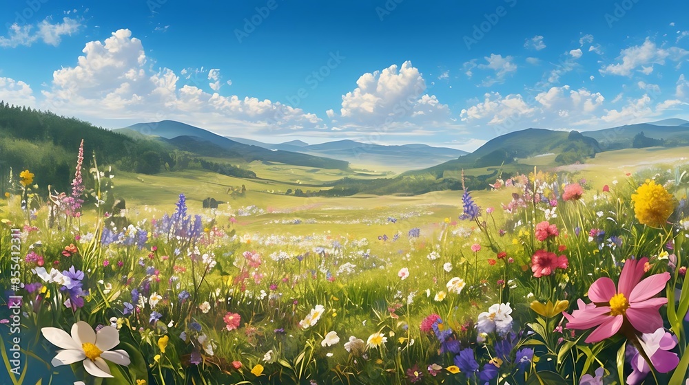 Wall mural spring meadow with wildflowers and mountains in the background, featuring purple, pink, white, and yellow flowers under a blue sky with white clouds - Wall murals