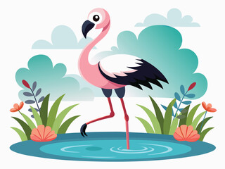 a joyful  flamingo standing in a pond D.eps