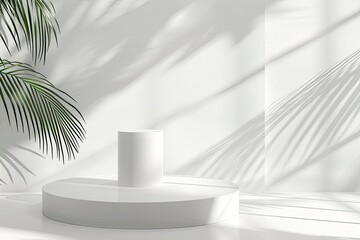 Abstract white 3D room with realistic white cylinder pedestal podium set and palm leaf shadow overlay. Minimal scene for product display presentation. Vector geometric platform - generative ai