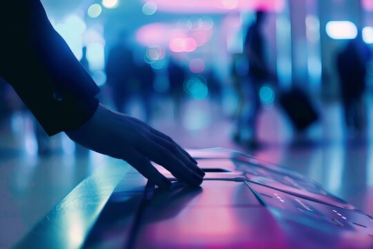 Touchless checkin at a corporate event, focus on the interaction, selective focus, business theme, surreal, manipulation, conference hall backdrop