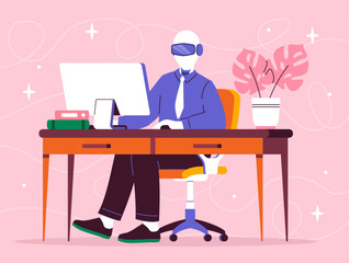 AI worker concept. Cyborg sitting at workplace. Artificial intelligence and machine learning. Optimization of work process. Virtual helper and assistant. Cartoon flat vector illustration