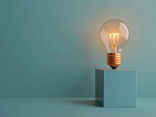 Illuminated light bulb on block with room for text on solid color background for impactful messaging - ai
