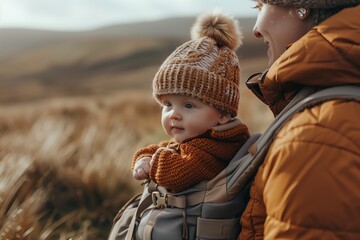 Obraz premium A close-up shot of a baby wearing a warm knit hat with a pom-pom and a cozy sweater, nestled in a baby carrier. The baby is accompanied by an adult dressed in a warm jacket, ready for an outdoor adven