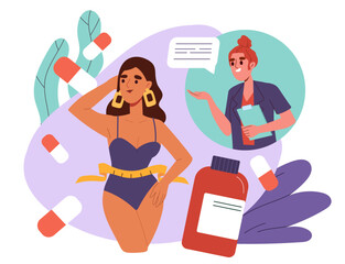 Body care concept. Young girl in swimsuit near cosmetics products and pills for weight loss. Healthy lifestyle, proper diet and nutrition. Fitness and workout. Cartoon flat vector illustration