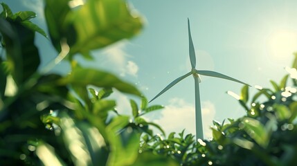 Obraz premium Wind turbine in a lush green landscape, close-up view. Renewable energy and sustainability concept