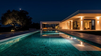 Pool outside in a modern house at twilight