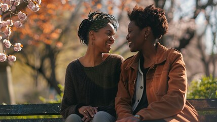LGBTQ couple talking while sitting on a park bench in spring focus on tenderness and renewal ethereal Multilayer spring park backdrop