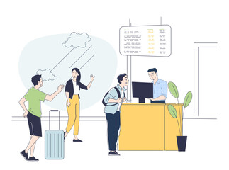 Couple at airport. Man and woman with luggage and baggage. Flight and international trips. Tourists and travelers in waiting room. Linear flat vector illustration isolated on white background