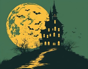 Halloween haunted house background with moon and bats, vector illustration - Generative AI