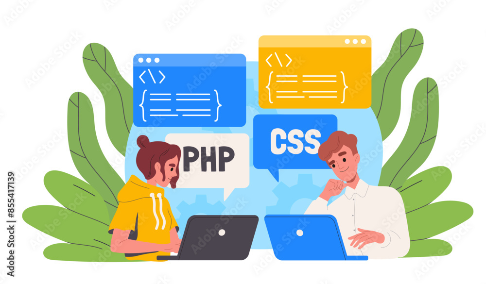 Poster different ways of programming concept. man and woman with laptops develop software, program and appl