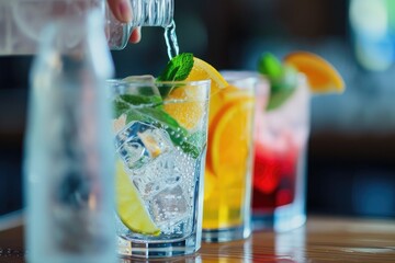 a person pouring a drink into a glass, Capture the process of pouring a refreshing drink