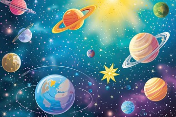 a space scene with planets, Craft a celestial background with planets and stars