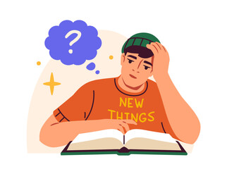 Student receives education concept. Man read book. Guy prepare to test or examination. Learning and training. Poster or banner. Flat vector illustration isolated on white background