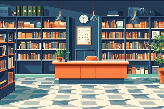 a library with a desk and bookshelves, Craft a vector illustration of a bookstore interior