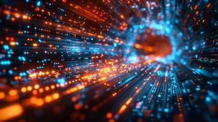 Fototapeta premium Abstract digital tunnel with glowing blue and orange lights, futuristic data flow. Technology and innovation concept