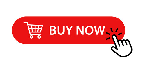 Buy now red button with click hand cursor icon