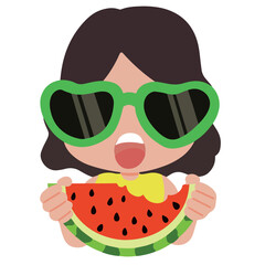 Little pretty girl eating slice of watermelon vector summer party