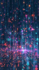 Obraz premium Abstract digital matrix with neon lights and bokeh effect, futuristic data stream concept