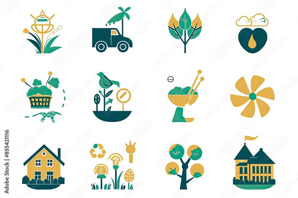 Poster a set of flat design icons of different types of nature, Design a set of vector icons representing sustainable living