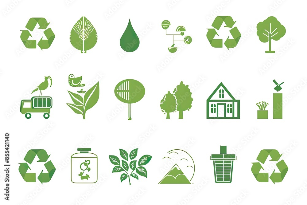 Poster a set of flat design icons of different types of nature, Design a set of vector icons representing sustainable living